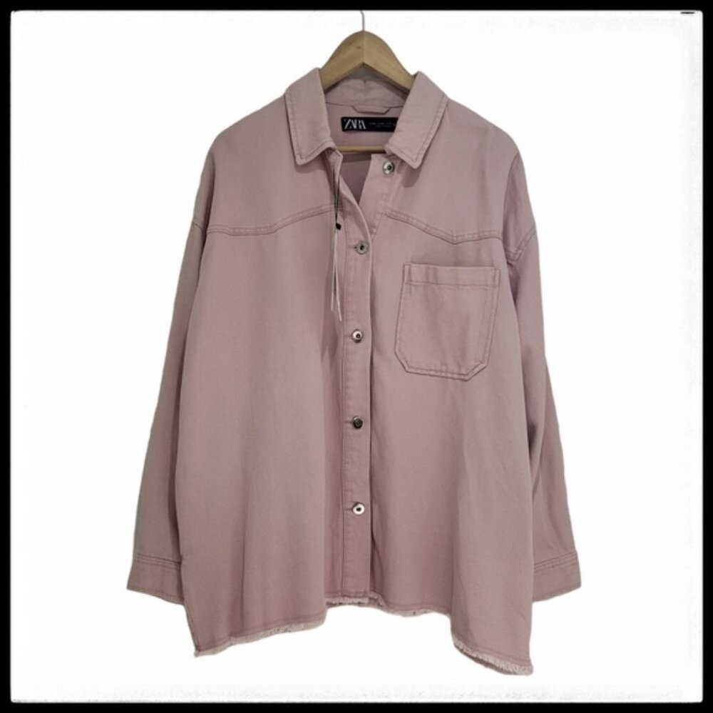 NWT Zara Button Down Oversized Slouchy Denim Shirt Frayed Hem Overshirt